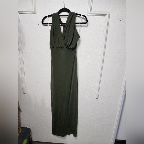 Lulus Celebratory Love Olive Green Mesh Ruched Halter Maxi Dress L Wedding Party - Picture 6 of 10